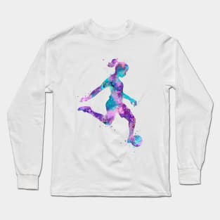 Girl Soccer Player Colorful Purple Pink Turquoise Watercolor Sports Gifts Long Sleeve T-Shirt